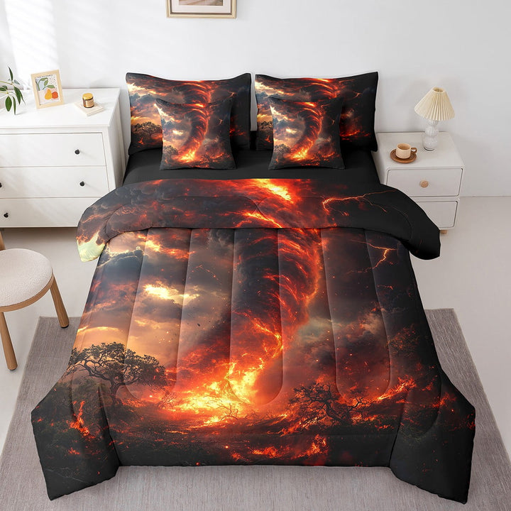 7Pcs Tornado Comforter Set Twin Size,Fire Storm Tornado Theme Bedding Set Natural Disaster Comforter + Flat Sheet + Fitted Sheet + 2 Pillowcases + 2 Throw Pillow Covers