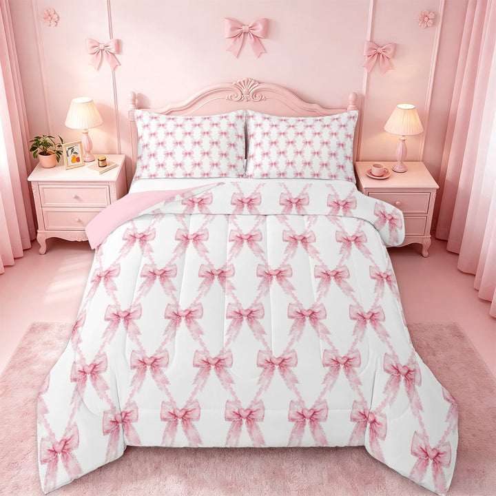 Manfei Lovely Bow Knot Bedding Comforter Set,Princess Bowtie Twin Comforter Sets,Pink White Bedding Set For Teens,Luxury Bedroom Decor Reversible,2-Piece