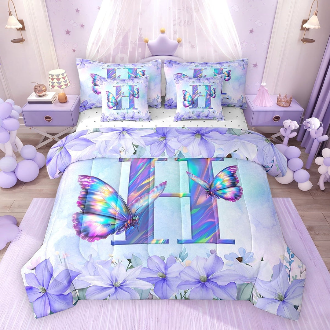 Erosebridal Purple Butterfly Twin Bedding Sets for Girls, Garden Flower Floral Bedding Comforter Set, Initial H, Reversible, 7-Piece