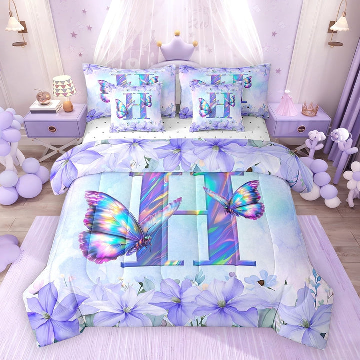 Erosebridal Purple Butterfly Twin Bedding Sets for Girls, Garden Flower Floral Bedding Comforter Set, Initial H, Reversible, 7-Piece