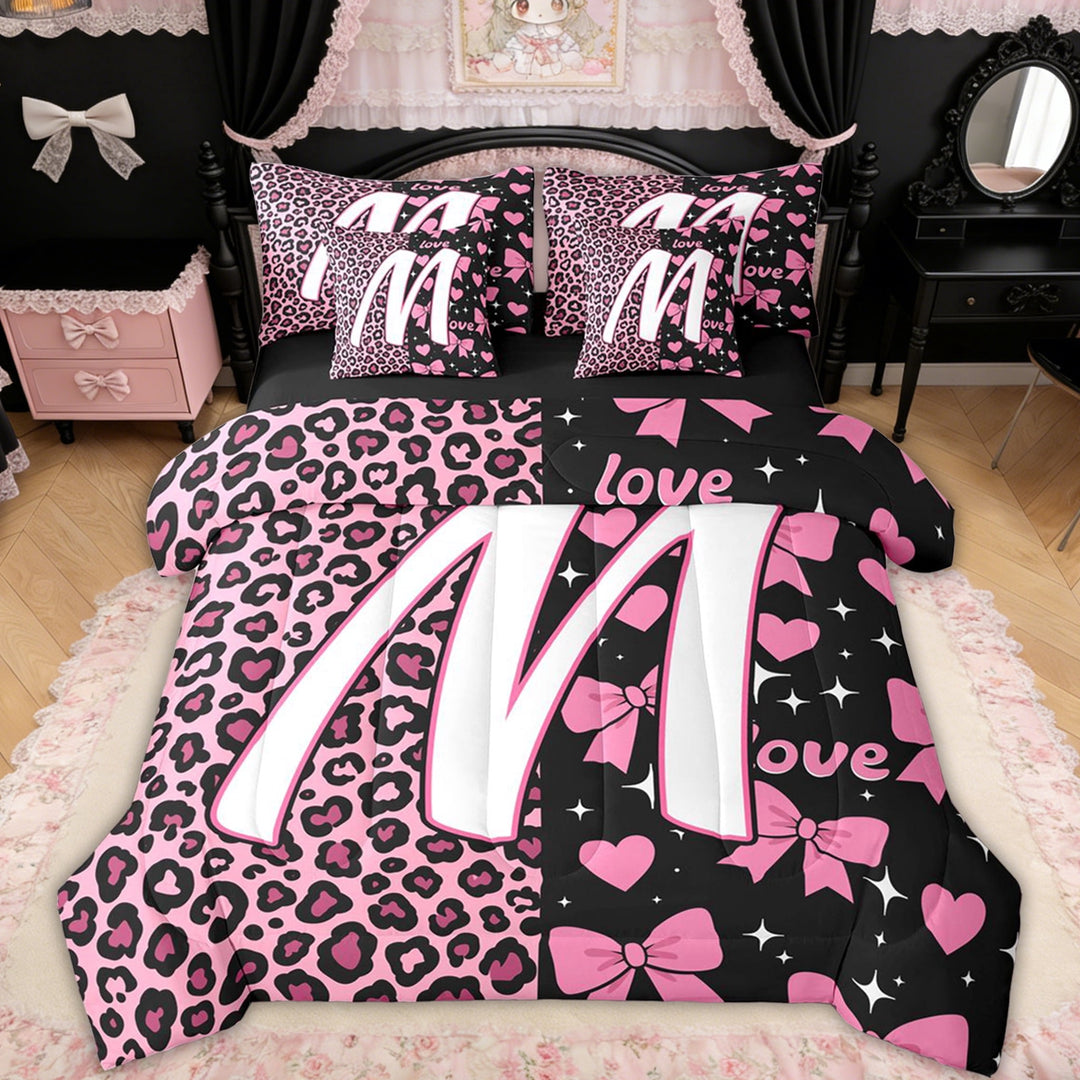 Erosebridal Leopard Print Bow Letter M Twin Bedding Sets for Girls, Pink Initial Ribbon Bedding Comforter Set, Black Reversible, 7pcs