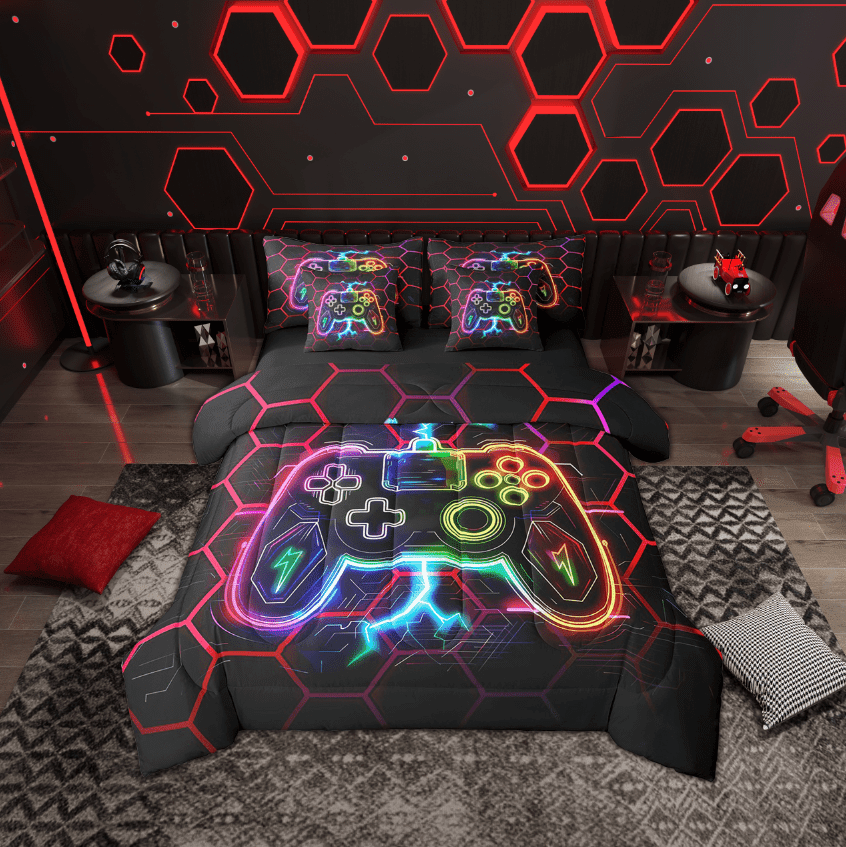 Erosebridal Neon Gamepad Bed in a Bag Twin size , Red Hexagon Honeycomb Bed Set, Microfiber 7pcs