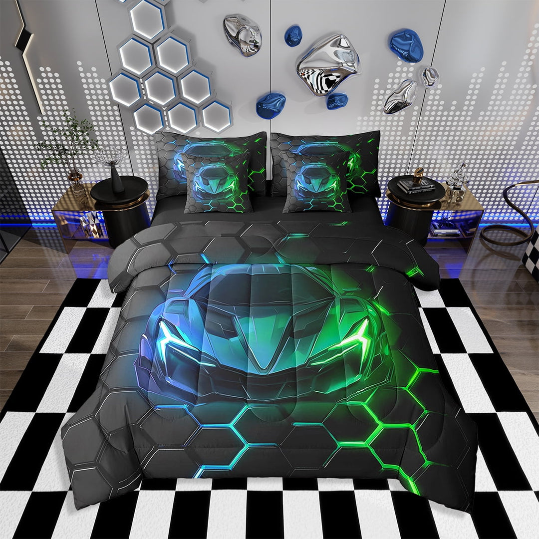 Erosebridal 7Pcs Race Car Bedding Set,Twin Size Comforter Set with Sheets and Pillowcase,7Pcs Bed in a Bag,Neon Honeycomb Bed Set,Racing Car Comforter