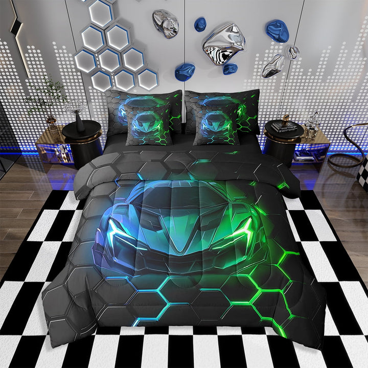 Erosebridal 7Pcs Race Car Bedding Set,Twin Size Comforter Set with Sheets and Pillowcase,7Pcs Bed in a Bag,Neon Honeycomb Bed Set,Racing Car Comforter