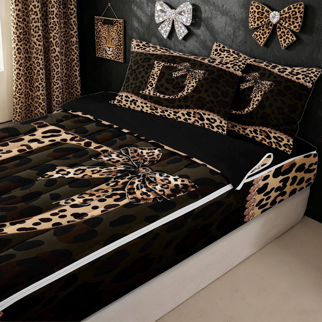 meiyoeat Brown Ribbon Initial D Zipper Twin Comforter Sets with Fitted Sheet and 2 Pillowcases for Girls, Leopard Print Polka Dots Zipper Bedding Set, Black Reversible, 4-Piece