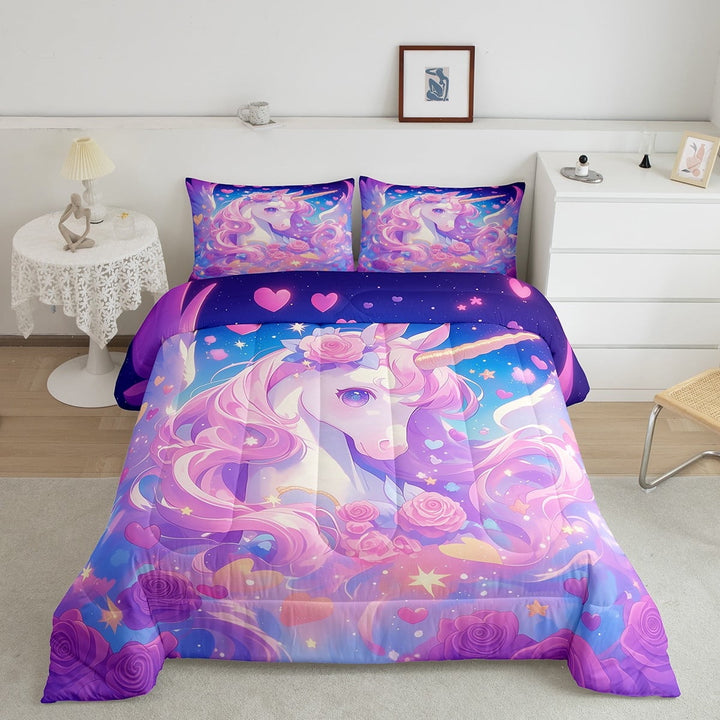 Unicorn Twin Bedding Set,Purple Unicorn Comforter Set,Romantic Galaxy Quilt Comforter,Heart Floral Down Comforter with 1 Pillow Case Fantasy Room Decor