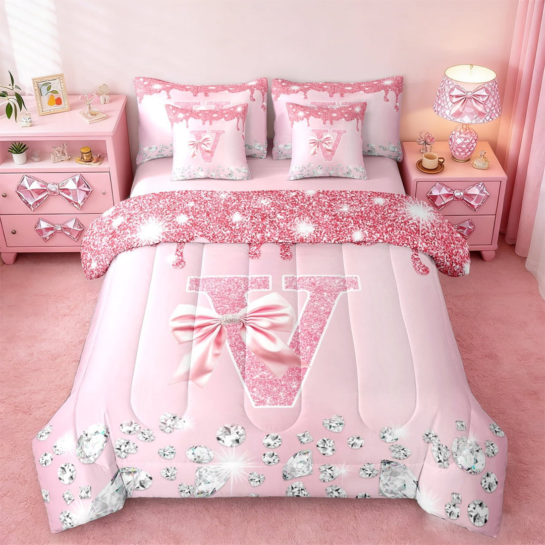 jejeloiu Initial Letter V Twin Bedding Sets 7-Piece,Kawaii Bowknot Bow Bedding Comforter Set,Pink Glitter Print Sheet Sets For Girls,Breathable Bedroom Decoration Reversible