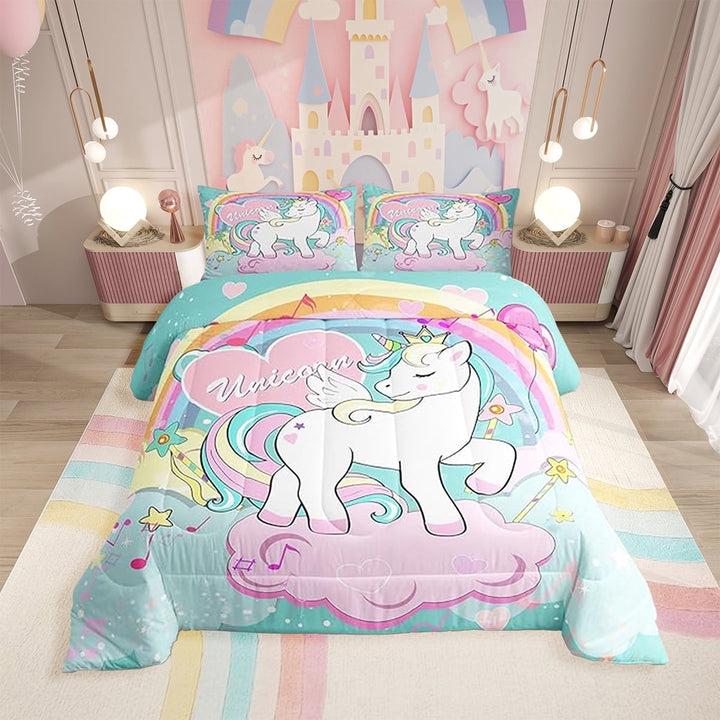 Erosebridal Unicorn Comforter Set,Unicorn Bedding Set,Kawaii Rainbow Reversible Stars Bed Sets for Teens Adults Room Decor All Season (Teal Unicorn)