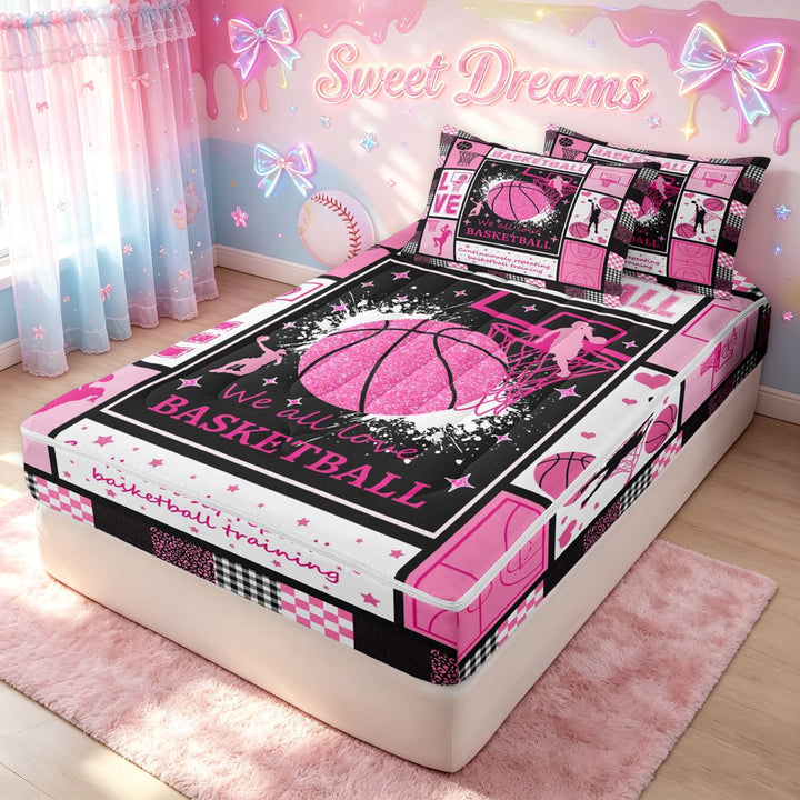 meiyoeat Pink Patchwork Basketball Zipper Twin Comforter Sets with Fitted Sheet and 2 Pillowcases for Girls, Sport Lover Zipper Bedding Set, Pink Reversible, 4pcs