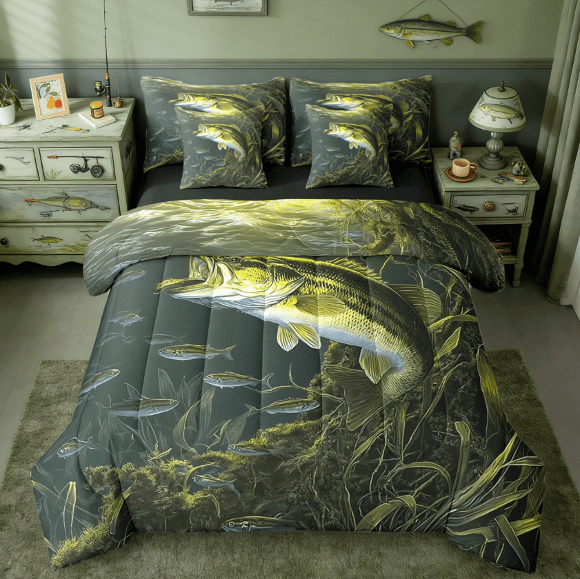 Manfei Bass Big Fish 7 Pieces Bedding Comforter Set,Fishing And Hunting Full Bedding Set,Underwater Animals Theme Fitted Sheet Flat Sheet For Teens Boys,Breathable Home Decor Reversible