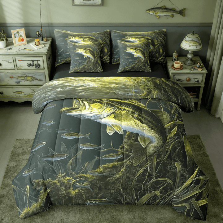 Manfei Bass Big Fish 7 Pieces Bedding Comforter Set,Fishing And Hunting Full Bedding Set,Underwater Animals Theme Fitted Sheet Flat Sheet For Teens Boys,Breathable Home Decor Reversible
