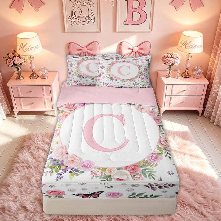 meiyoeat Floral Butterfly Letter C Zipper Comforter Set with Fitted Sheet and 2 Pillowcases for Girls, Spring Rose Flower Zipper Bedding Set, Pink Reversible, 3-Piece