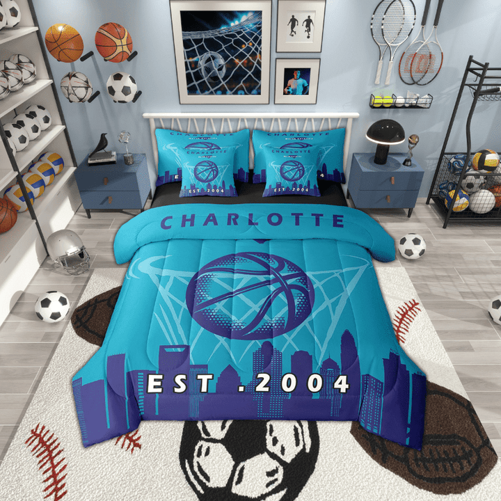 7 Pcs Comforter Set King Size, Bed in a Bag with Flat Sheet and Fitted Sheet and Adults,Basketball Bedding Set with Pillowcase and Sham,Charlotte
