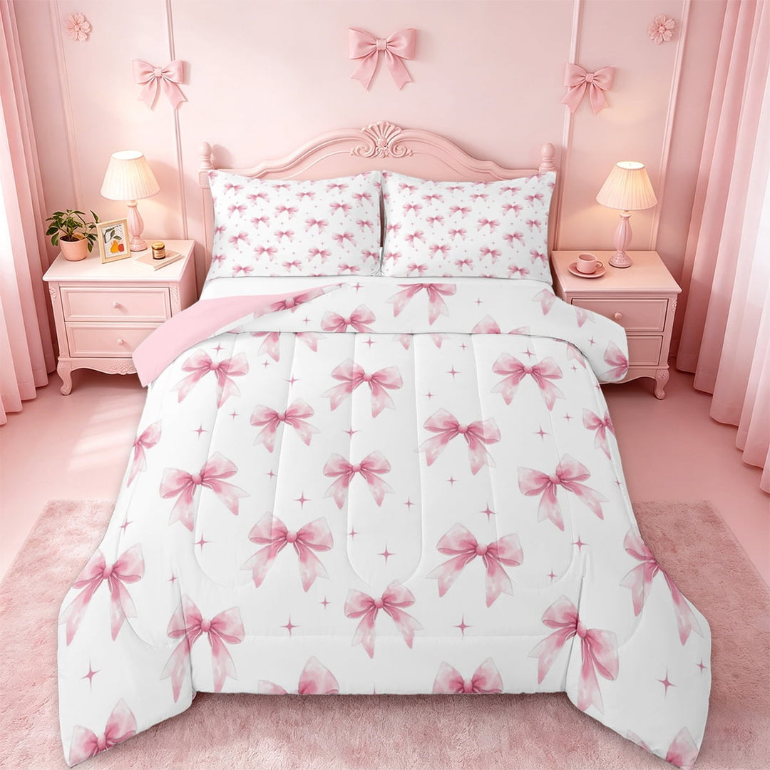 Manfei Cute Bowtie Bedding Comforter Set,Pink White Twin Comforter Sets,Princess Bow Knot Bedding Set For Girls,Microfiber Bedroom Decor Reversible,2pcs