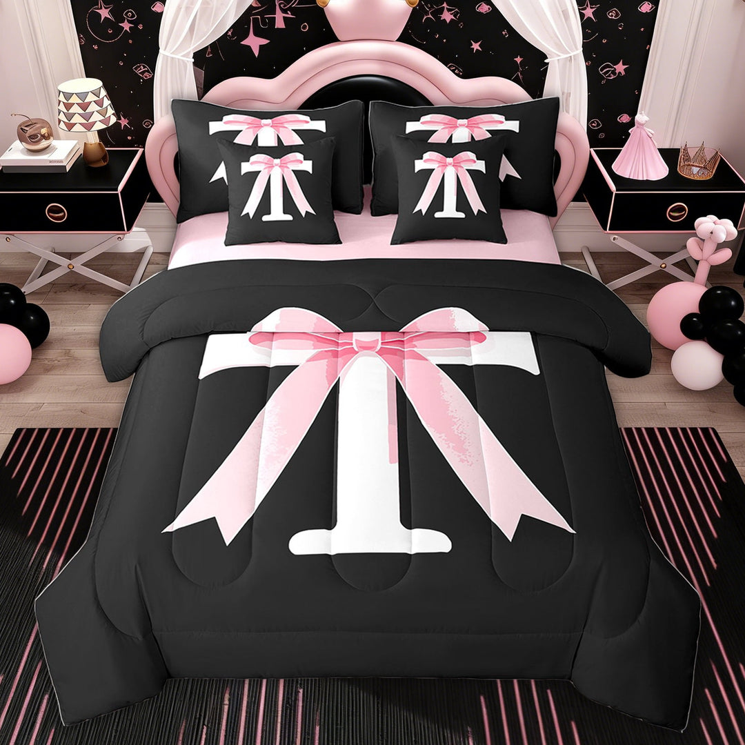Erosebridal Initial Letter T Bedding Sets Twin Size for Kids, Black Pink Comforter Sets Kawaii Bow-tie Reversible Bed Set, 7-Piece