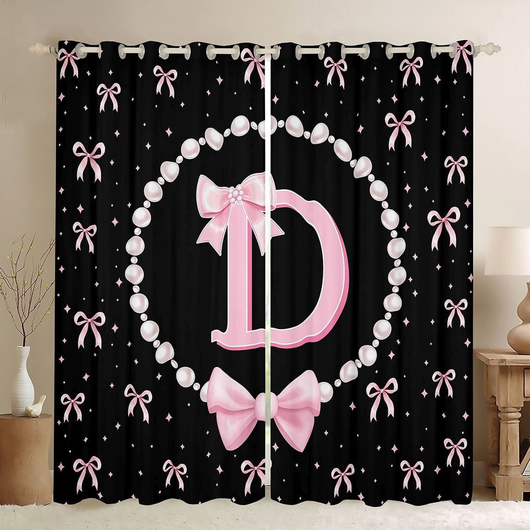 Manfei Cartoon Bow Letter D Monogrammed Black Out Curtains for Girls Teens,Princess Alphabet Pearl Bow Print Curtains Pack of 2 (42x63 Each) for Kids,Breathable Home Decor