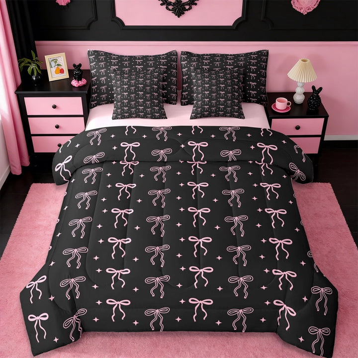 Erosebridal Cute Bows Bowtie 7-Piece Twin Bedding Sets For Kids,Cartoon Bowknot Stars Pattern Bedding Comforter Set,Girls Lightpink Black,Reversible
