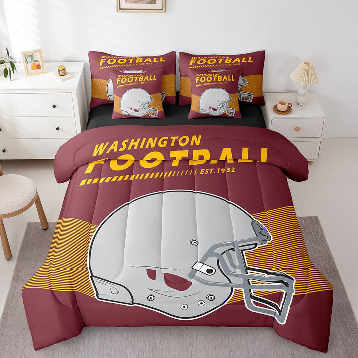 Erosebridal American Football Comforter Set with Sheets Sports Helmet Comforter Set Bed-in-a-Bag King 7-Piece,Washington(1 Comforter, 1 Flat Sheet 1 Fitted Sheet 2 Pillowcases 2 Throw Pillow Covers)