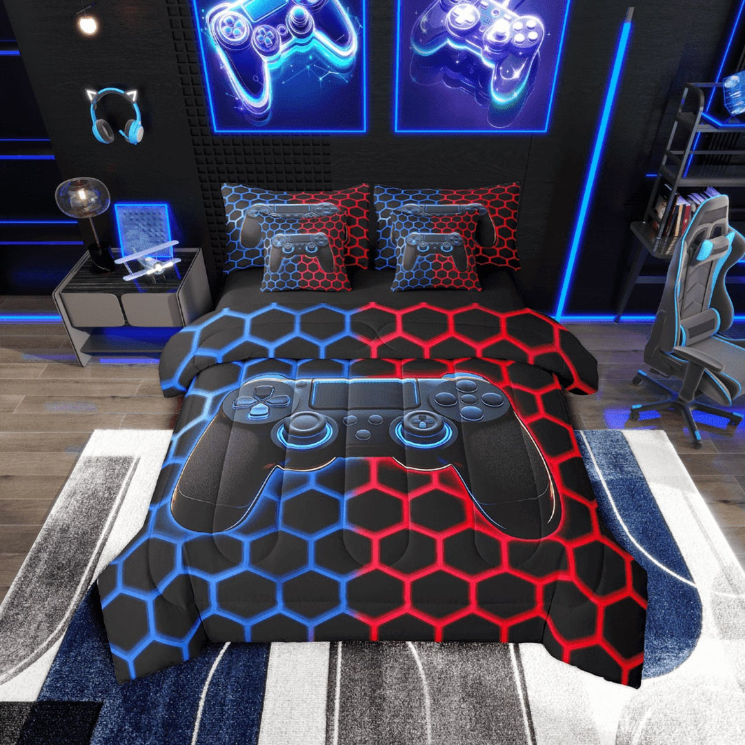 Erosebridal Gamer Gamepad Bedding Sets Twin Size,Red Blue Honeycomb Comforter Sets with Sheets,Geometry Decor,Reversible,Breathable,7-Piece