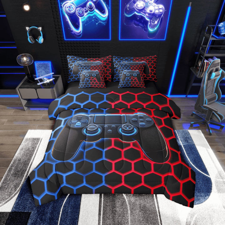 Erosebridal Gamer Gamepad Bedding Sets Twin Size,Red Blue Honeycomb Comforter Sets with Sheets,Geometry Decor,Reversible,Breathable,7-Piece