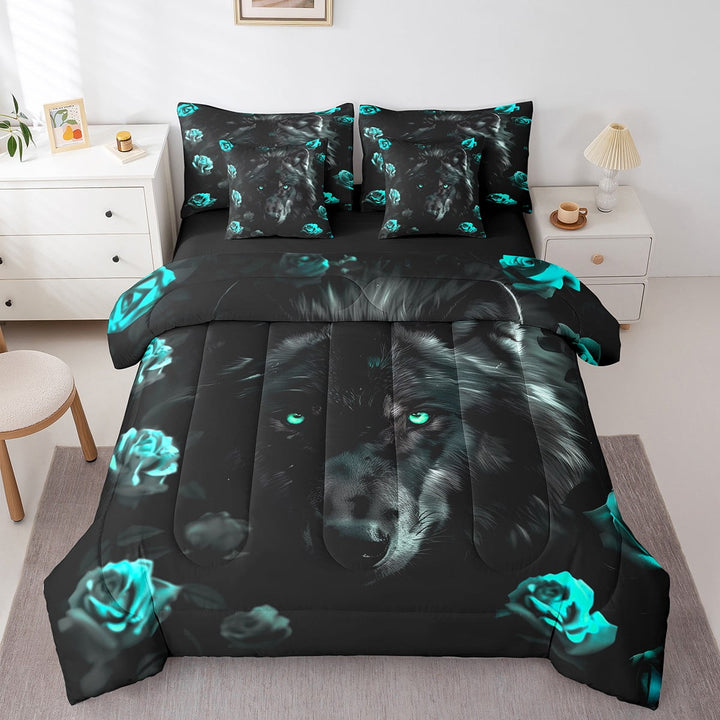 Black Wolf Comforter Set 7 Piece Bed in a Bag Twin,Teal Rose Bedding Sets Romantic Flowers Bedding Comforter Sets,Wild Woodland Animals Sheet Set with Comforter