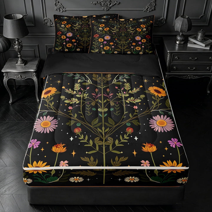 meiyoeat Boho Floral Zipper Twin Comforter Sets with Fitted Sheet and 2 Pillowcases For Girls,Whimsical Wildflower Zipper Bedding Set,Multicolor Black,Black Reversible,4-Piece