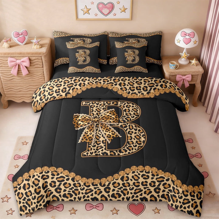 Erosebridal Girl Personalized Gifts 7-Piece Twin Bedding Sets,Cheetah Pattern Bowtie Alphabet B Bedding Comforter Set For Kids,Black Reversible
