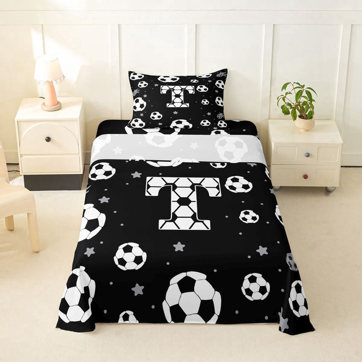 Erosebridal Cartoon Football Print Twin Sheet Sets,Black White T Alphabet Bedding For Soccer Lovers 3-Piece