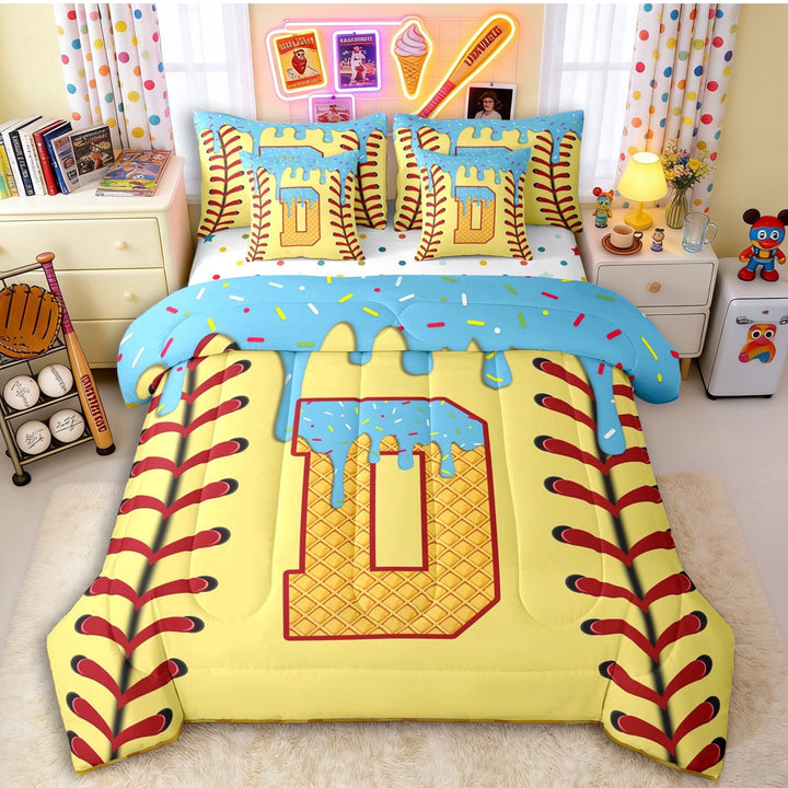Erosebridal Light Blue Dripping Baseball Stitch &amp; Waffle Letter D Graphic Twin Bedding Sets 7-Piece, Alphabet Graphic Bedding Comforter Set for Boys And Girls Kids,Luxury Bedroom Decor