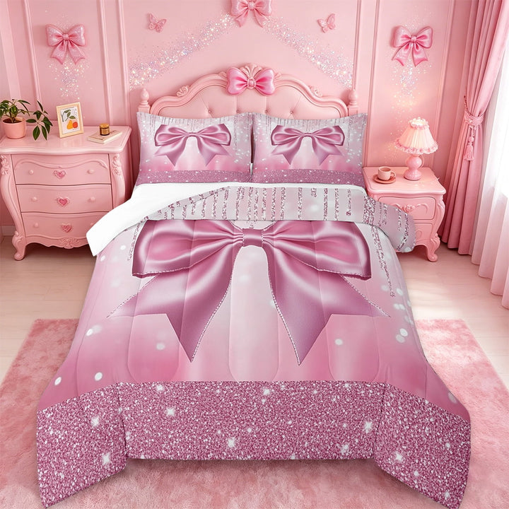 Manfei Kawaii Cartoon Bowtie Full Size Comforter Sets,Princess Bow Bowknot Bedding Comforter Set,Pink Glitter Print Bedding Sets For Girl Teens,Microfiber Room Decor,3pcs