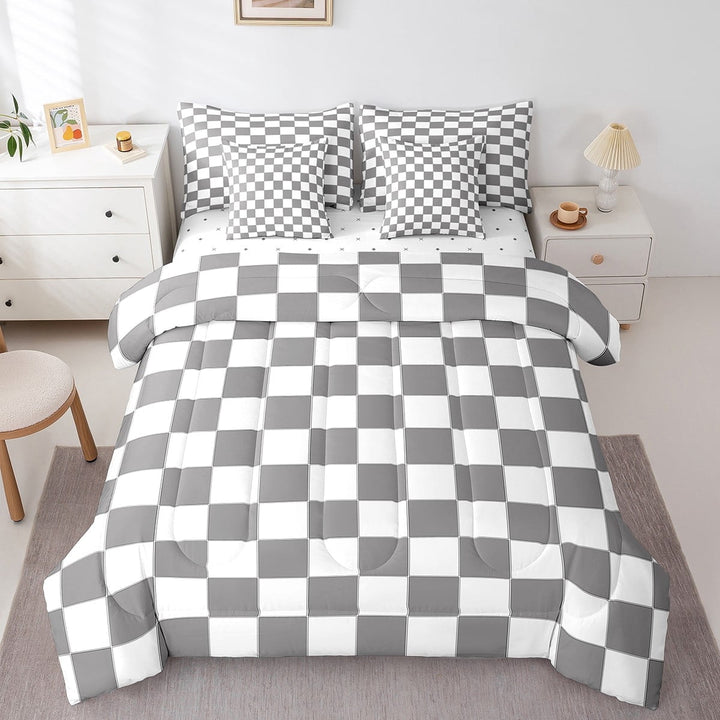 Erosebridal Gray Checkered Twin Bed In A Bag 7 Piece White Grey Checkerboard Grid Bedding Set,Geometric Buffalo Plaid Comforter Set With Sheets Teen Adults Men Gingham Bed Set
