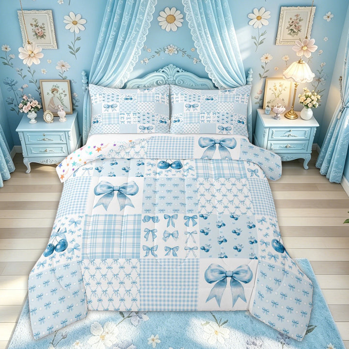 Meiyoeat Kawaii Bow Cherry Plaid Full Size Comforter Sets for Boys Girls, Blue Kawaii Ribbon Bedding Sets, Colorful Star Reversible, 3-Piece