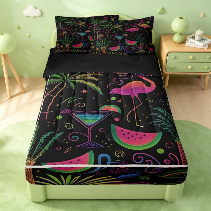 meiyoeat Pink Neon Flamingo Zipper Twin Comforter Sets with Fitted Sheet and 2 Pillowcases For Girls,Tropical Cartoon Palm Tree Zipper Bedding Set,Black Reversible,4 Pieces
