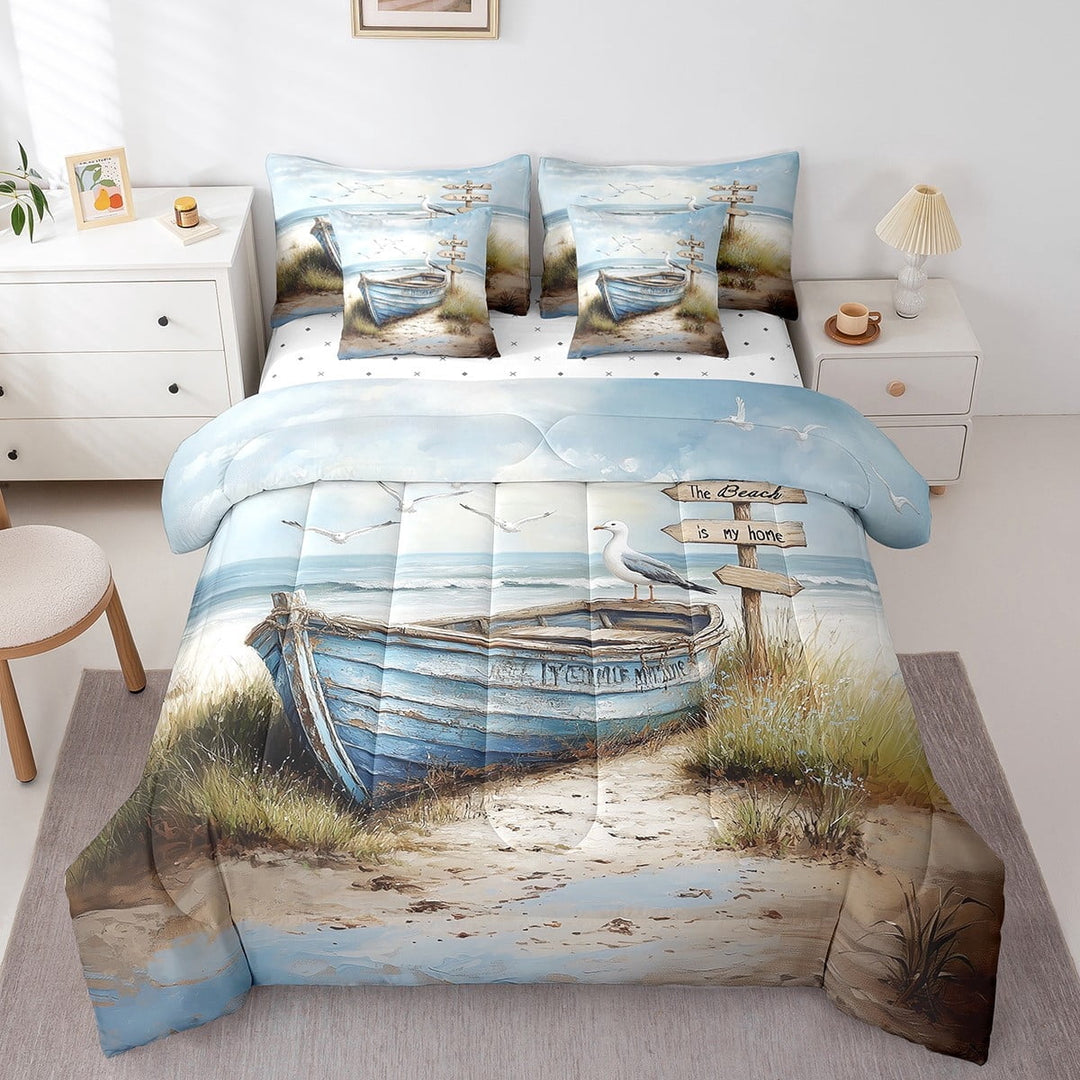 Erosebridal Vintage Boat Print Bedding Sets Full Size, Vintage Lake House Farmhouse Bed Sheets Set, Reversible 7-Piece