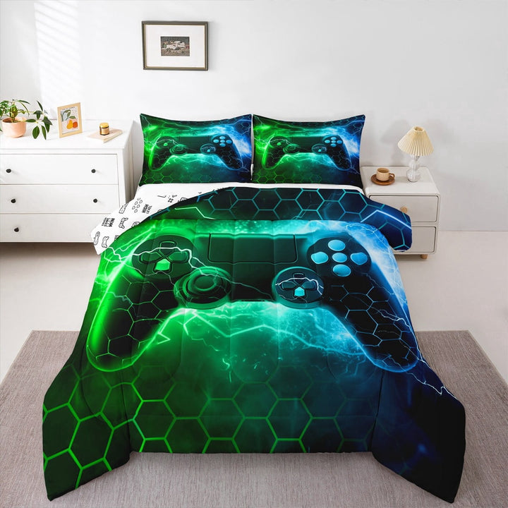Kids Boys Green Gamer Bedding Set Queen Size,Honeycomb Gaming Comforter Set Lightning Gamepad Comforter Game Room Decor Duvet Set Decor Quilt Set Bedding Collection