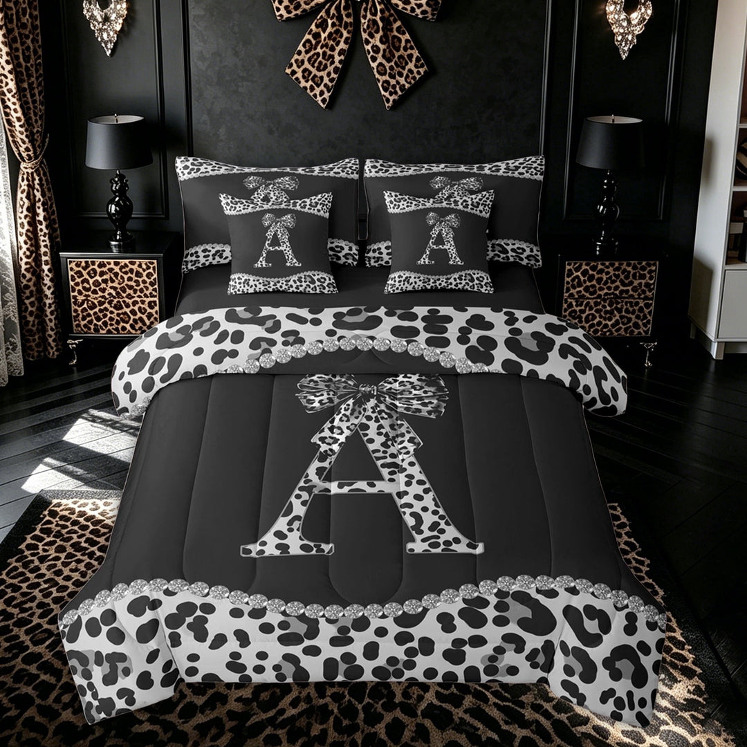 Meiyoeat Leopard Print Bow Diamond Bedding Comforter Set for Women Kids, Fashion Ribbon A Letter King Bedding Sets, Black Reversible, 7pcs