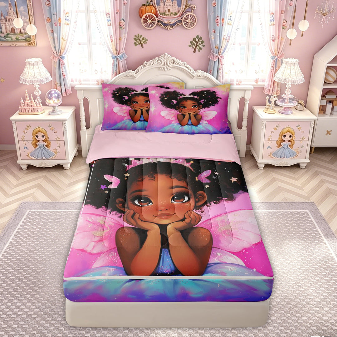 meiyoeat Fantasy Cartoon Fairy Zipper Full Size Comforter Sets with Fitted Sheet and 2 Pillowcases for Kids Girls, Magical Princess Girl Zipper Bedding Set, Pink Purple, Pink ReversibleG