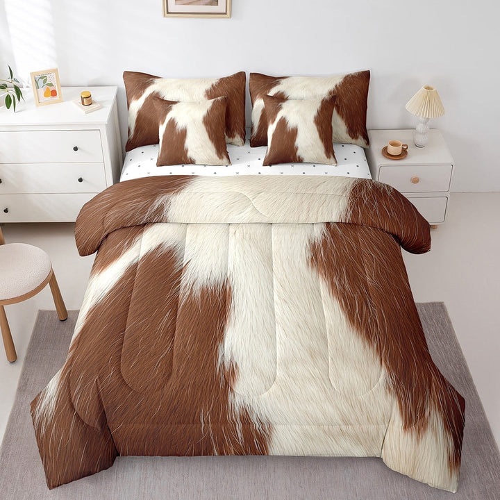 7Pcs Cow Print Bedding King,Brown Faux Cowhide Decorative Perfect Cow Gift Comforter Set Bed In A Bag(1 Comforter,1 Flat Sheet 1 Fitted Sheet 2 Pillowcases And 2 Throw Pillow Covers)
