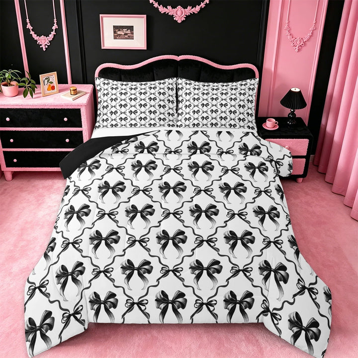 Manfei Ribbon Bow Bowtie Bedding Comforter Set,Stars Loves Print Twin Comforter Sets,White Black Bedding Set For Child,Ultra Soft Home Decor Reversible,2pcs