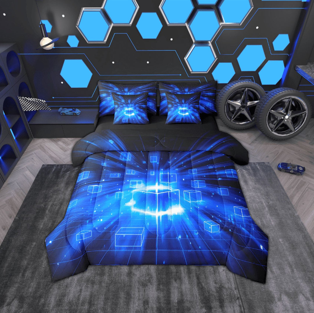 Erosebridal Geometric Buffalo Bedding Sets Twin Size,Black Blue Comforter Sets with Sheets,Futuristic Cubes Bed in a Bag Twin size,Microfiber Plaid Room Decoration,Reversible,7-Piece