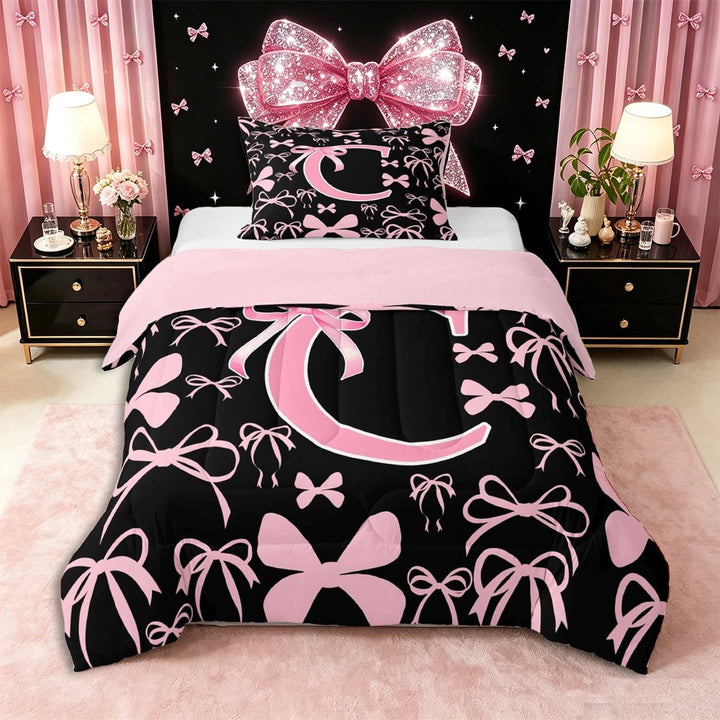 Erosebridal Kawaii Bowtie Letter C Monogrammed Twin Comforter Sets 3-Piece,Dreamy Princess Bow Bedding Set,Pink Reversible,Luxury Bedroom Decor