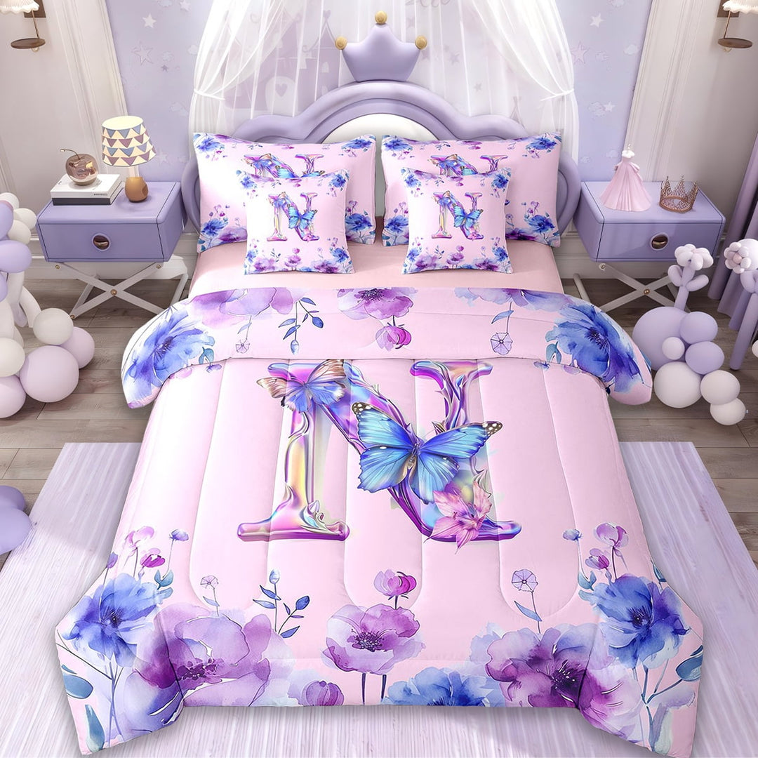 Erosebridal Letter N Bedding Twin Size,Watercolor Butterfly Bed Set,Tir-Dye Floral Bedding Sets Twin Size For Girls Kids,Ultra Soft Bedroom Decorative Reversible,7pcs