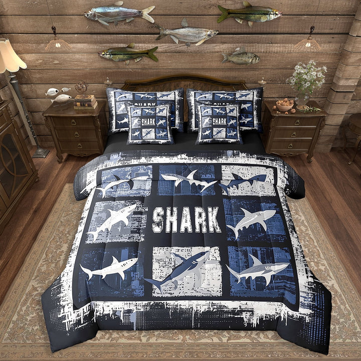 Erosebridal Shark Comforter Set Twin Size 7 Pieces Ocean Sea Animal Sea Underwater World Bedding Set Blue Gray Plaid Bed in a Bag with Comforter,Sheets