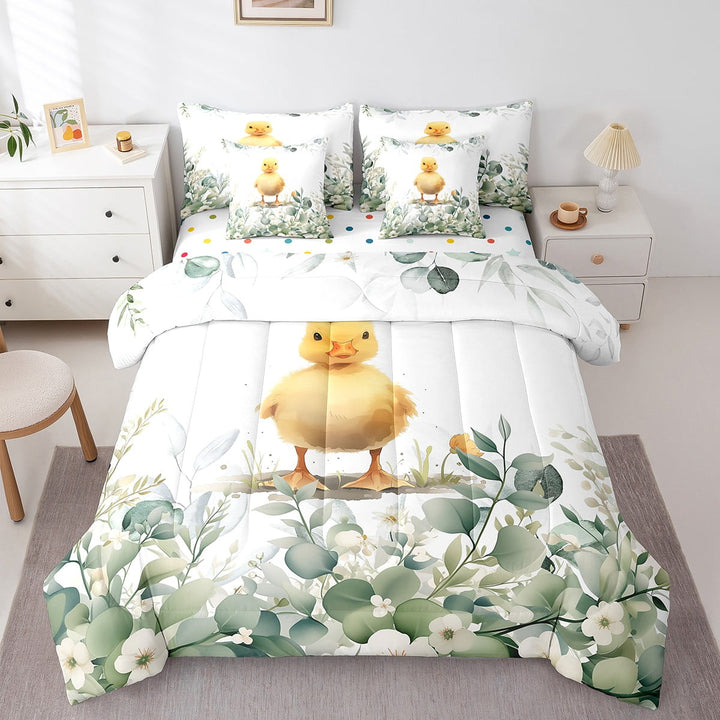 Kawaii Chicken Twin Comforter Set 7 Pieces Cartoon Animal Bedding Comforter Sets, Eucalyptus Leaves Bed in a Bag Farmhouse Chick Bedding Set, Botanical Bed Sheets Set