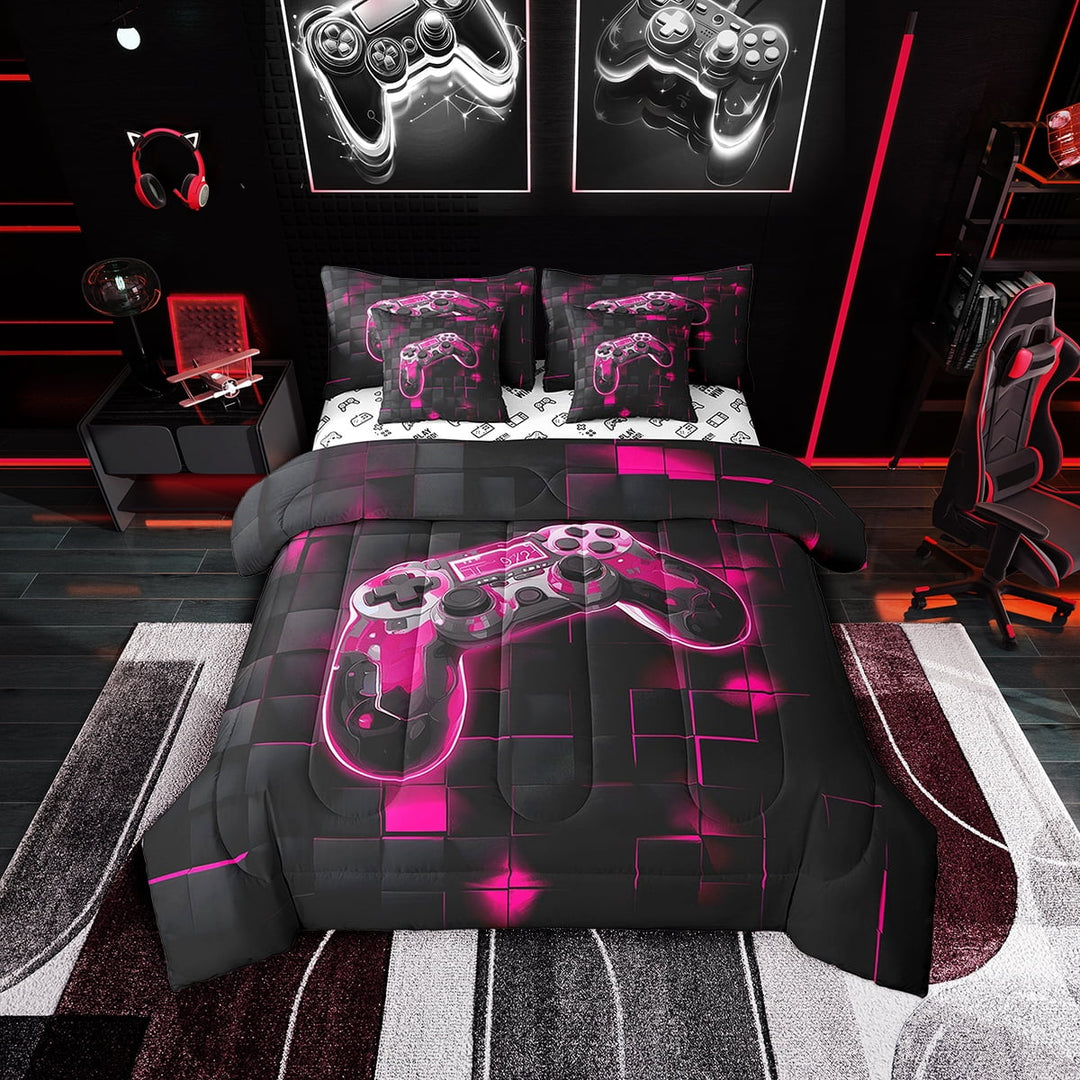 7 Piece Neon Gaming Twin Bedding Set with Sheets,Hot Pink and Black Gamer Comforter Set ,Geometric Checkered Bed in a Bag,Video Games Bed Set with Pillowcases &amp; Shams