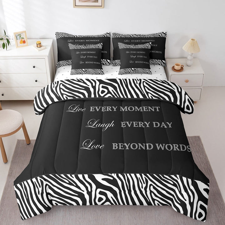 Erosebridal Zebra Print Bed in a Bag Queen size, Inspirational Words Bed Set, Black White, 7 Pieces