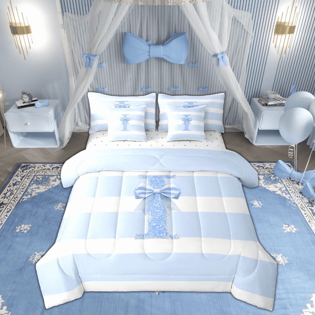 Feelyou Boys Glitter I Twin Bedding Sets 7-Piece, Initial A to Z Letter Bedding Comforter Set, Bling Diamond Ribbon Sheet Sets, Luxury Bedroom Decor