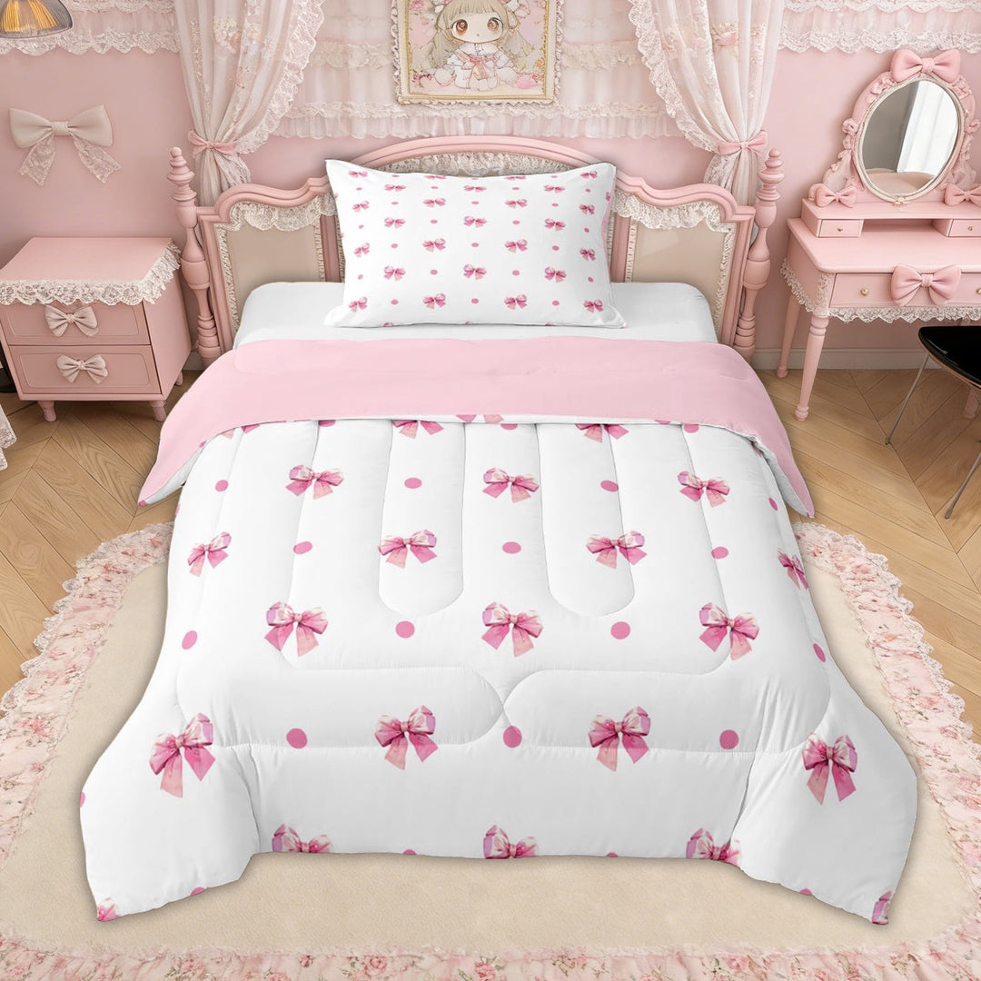 Erosebridal Bowknot Polka Dot Twin Comforter Sets for Girls, White Pink Bow Bedding Set for Kids Teens, Pink Reversible, 2pcs