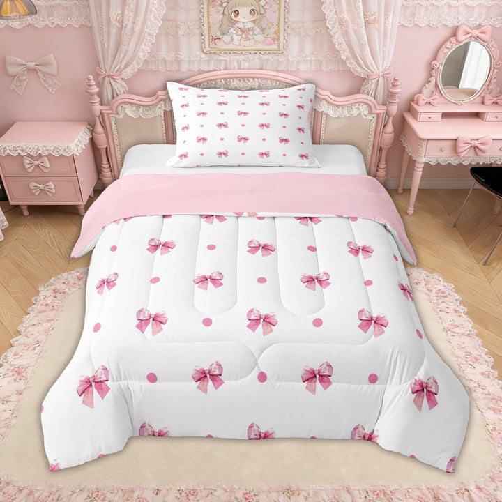 Erosebridal Bowknot Polka Dot Twin Comforter Sets for Girls, White Pink Bow Bedding Set for Kids Teens, Pink Reversible, 2pcs