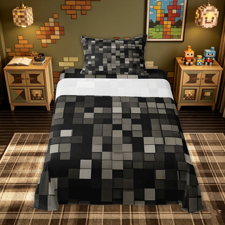 meiyoeat Geometric Block Bed Sheets for Kids Girls, Retro Pixel Grid Full Size Sheets for Dorm, Black Gray, 4-Piece
